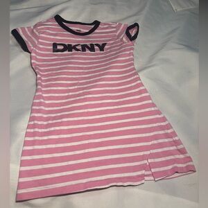 DKNY Girls Pink & White Striped Logo Tee Dress with Navy Trim with small split